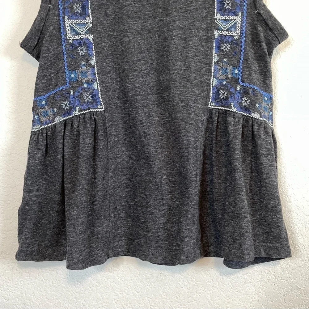 Free People Marcy Tank Charcoal Gray Blue Embroidered Details Boho Shirt Sz SM